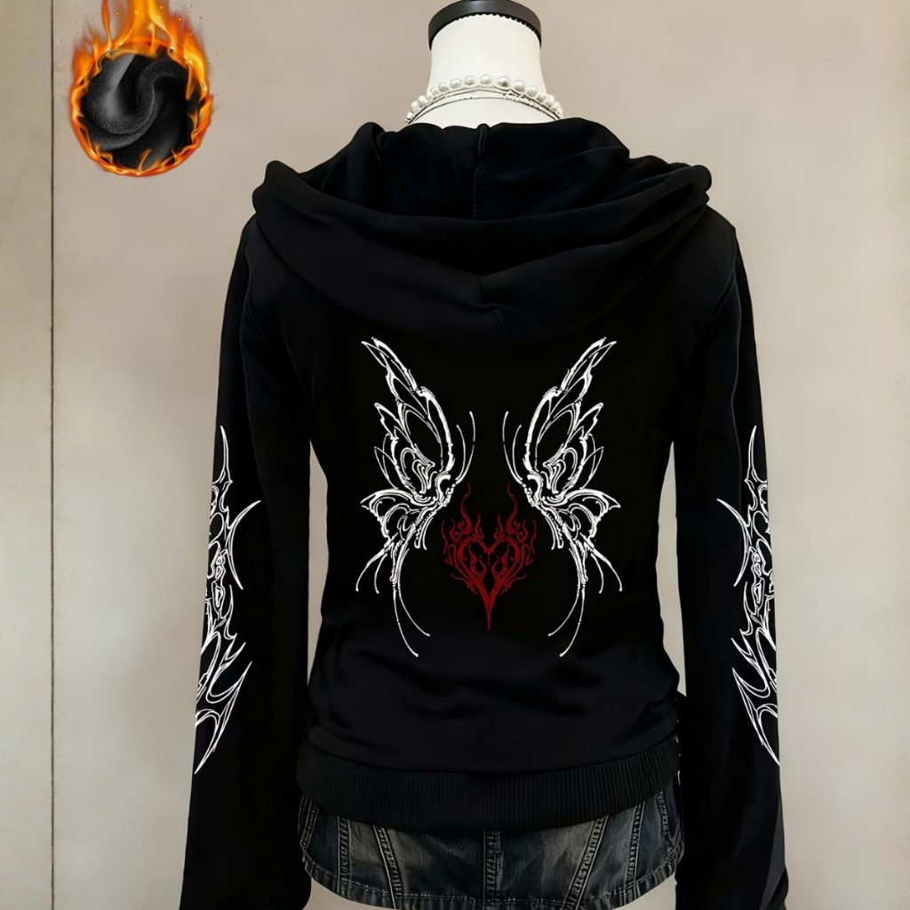 Casaco de Zíper Cyber Y2K Dark Grunge Com Capuz Estampa Tribal