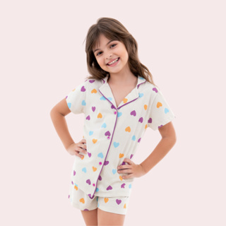 Pijama Infantil Feminino Americano Curto com Botões Conjunto Short Verão Estampado Menina em Oferta na Shopee