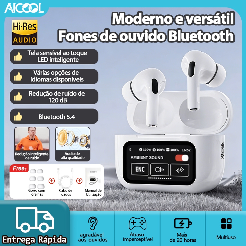 AICOOL Fones TWS Bluetooth 5.4 com Tradução IA, Tela Inteligente ...