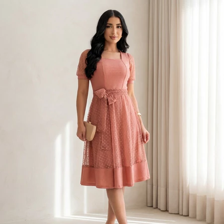 Vestido Mídi Godê Tule Feminino Moda Evangélica