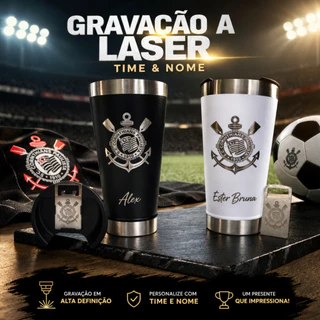 Copo Térmico do Timão personalizado com nome e time Gravado a Laser 473ml