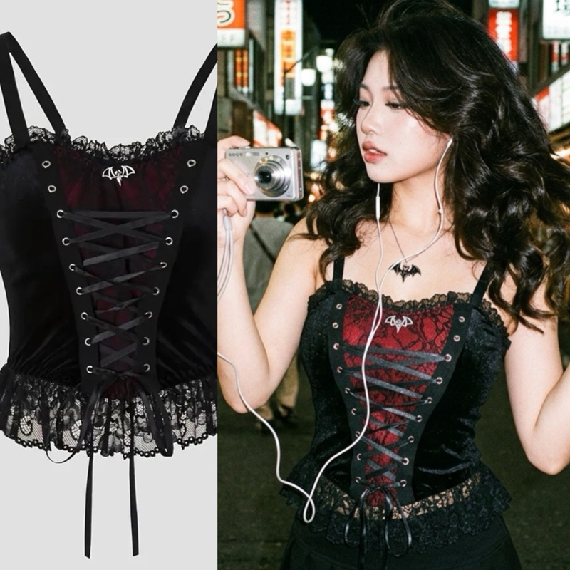 Crop top Blusa Gótico Vampire y2k Coquette 🦇 Renda Preta +