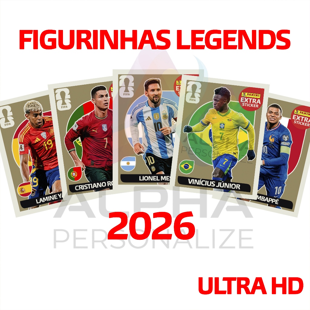 Figurinha Legend Extra Sticker Vini Junior Cristiano Ronaldo Messi Neymar Copa do Mundo 2026 EUA