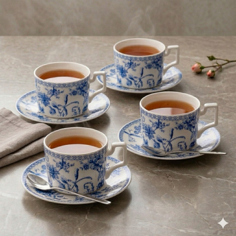 Jogo Xícara de Chá Hortênsia L´Hermitage 8 Peças New Bone China