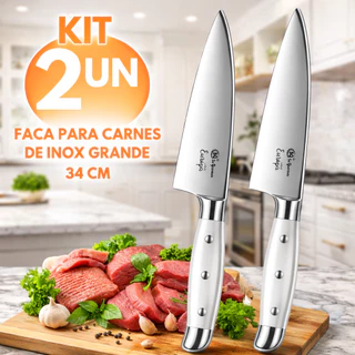 Kit 2 Facas de Churrasco Inox – Faca Profissional Afiada de Aço Inox para Cortar Carnes, 34cm Churrasco, Cozinha.