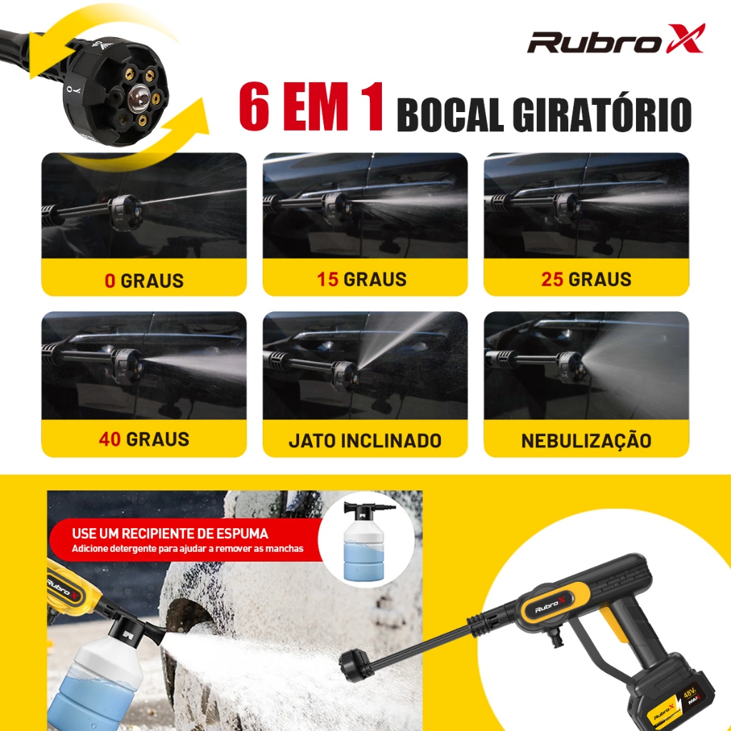 RubroX Lavadora Portátil 48V Alta Pressão com 2 Baterias