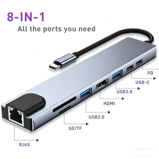 Type C 8 In 1 Hub USB3.0 HDMI RJ45 Ethernet Port SD TF Card Reader Data Transfer