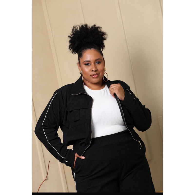 Conjunto Plus Size inverno Veludo Cotelê Casaco e Calça Pantalona