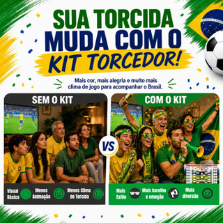 Kit Torcedor Copa do Mundo 2026 Brasil Futebol Bandeira Faixa Confete Corneta Oculos — foto 3 — Achou Levou Brasil