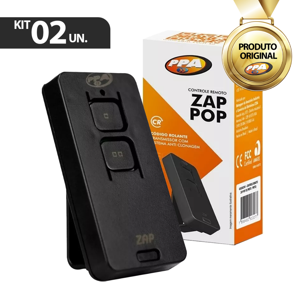 Kit 2 Controle Remoto Ppa Zap Pop Preto 2 Botões 433mhz