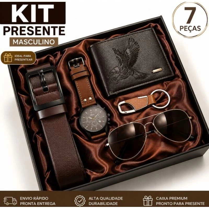 Kit 7 Peças Conjunto de Relógio Óculos de Sol, Carteira, Chaveiro, Cartão de Saudação