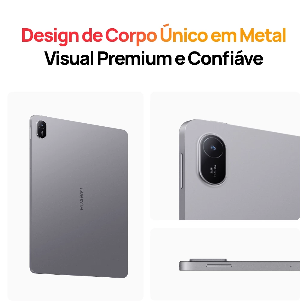 Detalhes do design em metal do HUAWEI MatePad SE 11 mostrando a câmera traseira de 8MP e perfil lateral fino