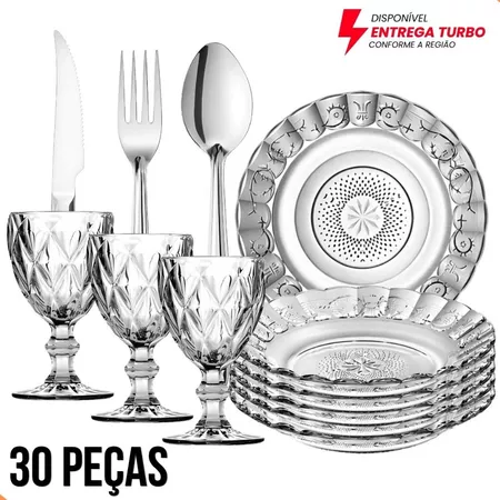 Jogo Mesa Posta 30 Peças 6 Pratos + 6 Taças 340ml + 18 Talheres Inox Luxo Elegante Mesa Posta Completa