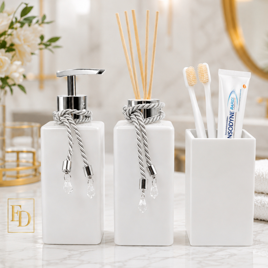 Kit Lavabo Branco em Vidro com Saboneteira, Difusor e Porta-Escovas