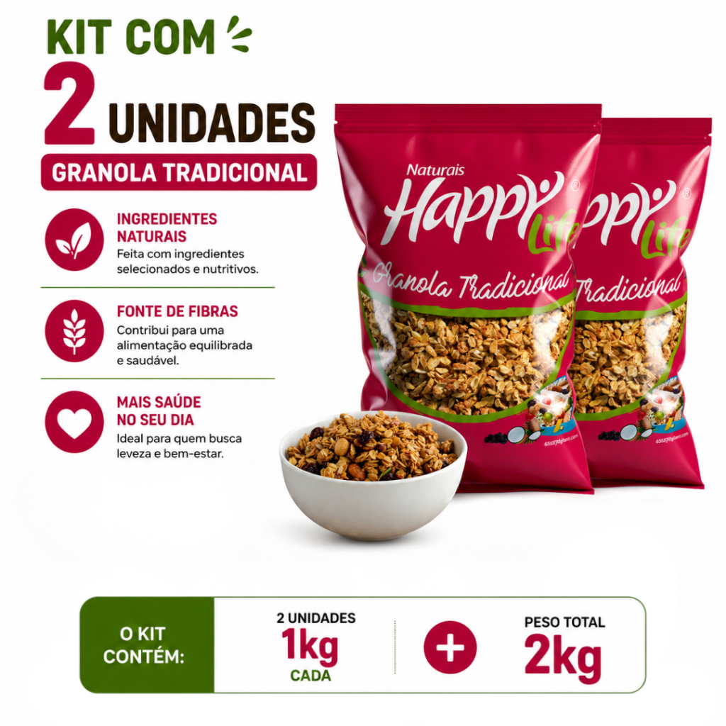Kit 2 Unids Granola Tradicional | 1kg Cada Happy Life | Shopee Brasil