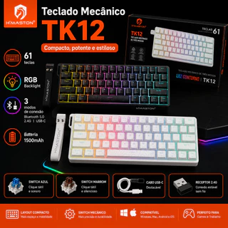 Teclado Mecânico Gamer RGB 61 Teclas Bluetooth 2.4G USB Switch Azul Marrom TK12
