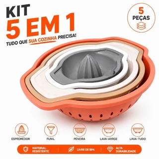 Kit 5 em 1 Multifuncional Escorredor Peneira Funil Espremedor Lava Tudo Cozinha Plasutil