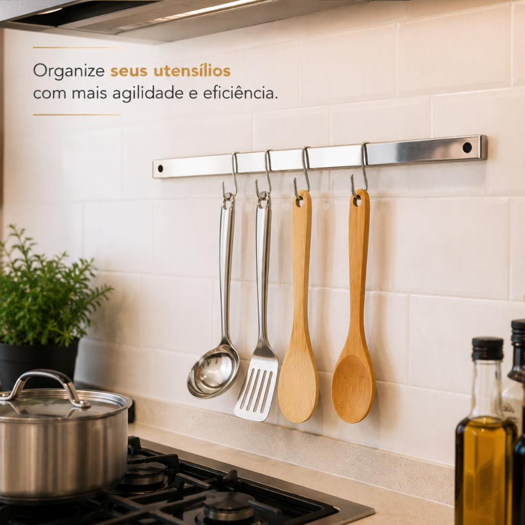Barra Inox Haus com seis ganchos instalada na parede da cozinha com utensílios pendurados