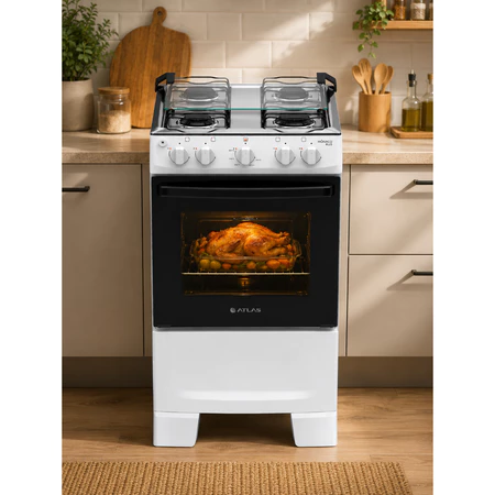 Fogão Atlas Mônaco Plus 4 Bocas Branco A Gás Automático com Mesa de Inox Forno Bivolt 127 220v