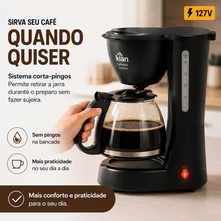 Cafeteira Elétrica Kian 18 Xícaras 650W 127V Filtro Permanente Jarra de Vidro Corta Pingos