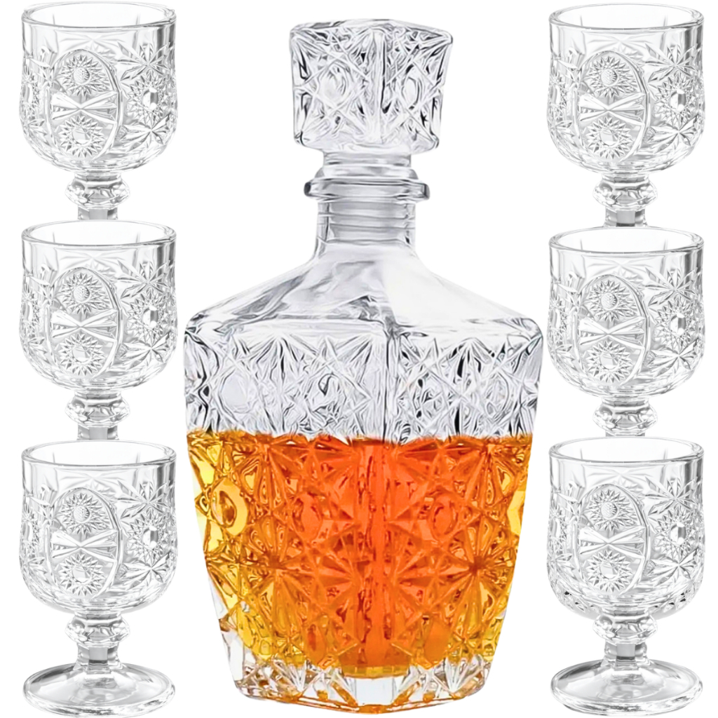 Garrafa Licoreira Quadrada + 6 Mini Taças de Dose Vidro Licoreira Decoração Cristal Whisky Licor