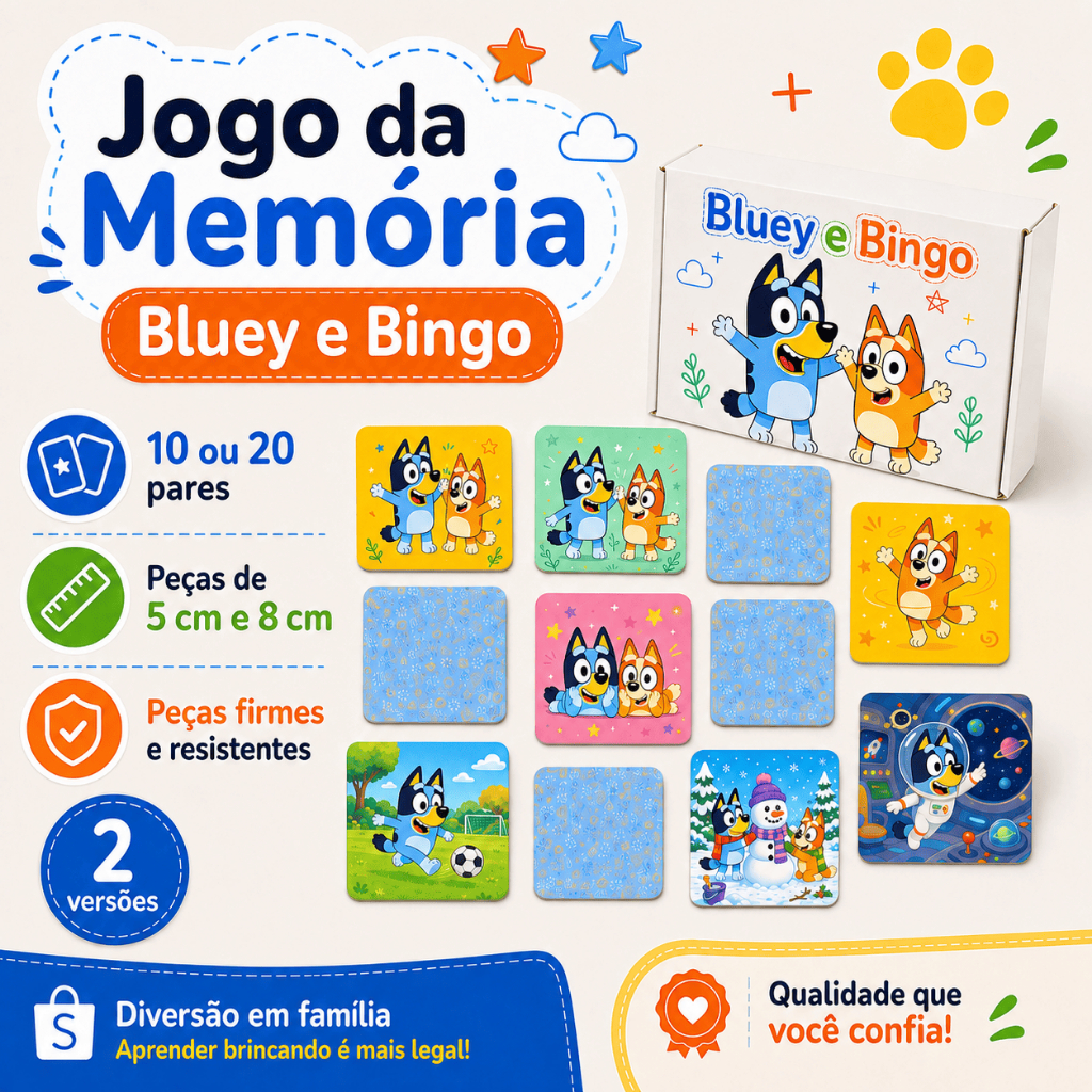 Jogo da Memória Personalizado Bluey e Bingo — 10 pares - 20 peças