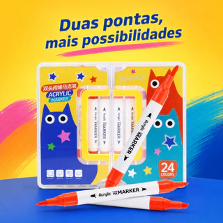 Kit 24 Canetas Marcador Acrílico Ponta Dupla Profissional Permanente Para Tecido Vidro Cerâmica Tela Lettering Pintura