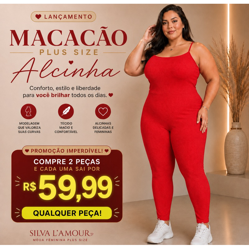 Macacão Feminino Plus Size Alcinha Tecido Anarruga Fitness Academia Confortável Veste 46 ao 52