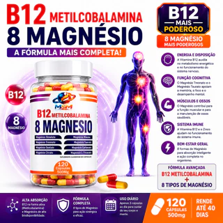 Vitamina B12 Metilcobalamina 5000mcg mais 8 magnesio dimalato quelato bisglicinato mais completo