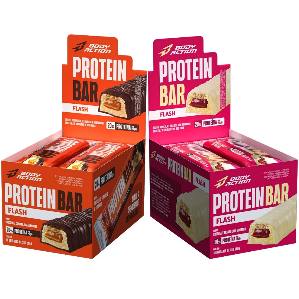 Kit 2x Display Barra de Proteína Snacks Protein Bar Flash 35g 10 Unids Bodyaction