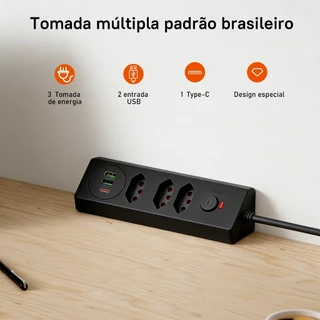 Réguas de tomadas design de prisma triangular Bivolt com USB e Type-C Cabo 1 8m com Interruptor