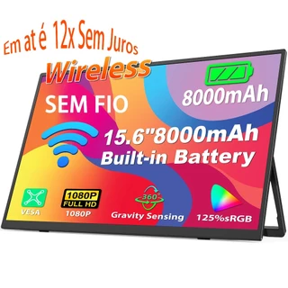 Monitor Portátil Sem Fio 15.6" Full HD Com Bateria 8000mAh Extensor De Tela Notebook Celular IPS 1080P HDMI Type-C