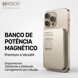 Power Bank HREBOS - Alumínio Magnético Portátil 10000mAh Turbo 22.5W Compatível iPhone 12 13 14 15 16 PB-909Hreb