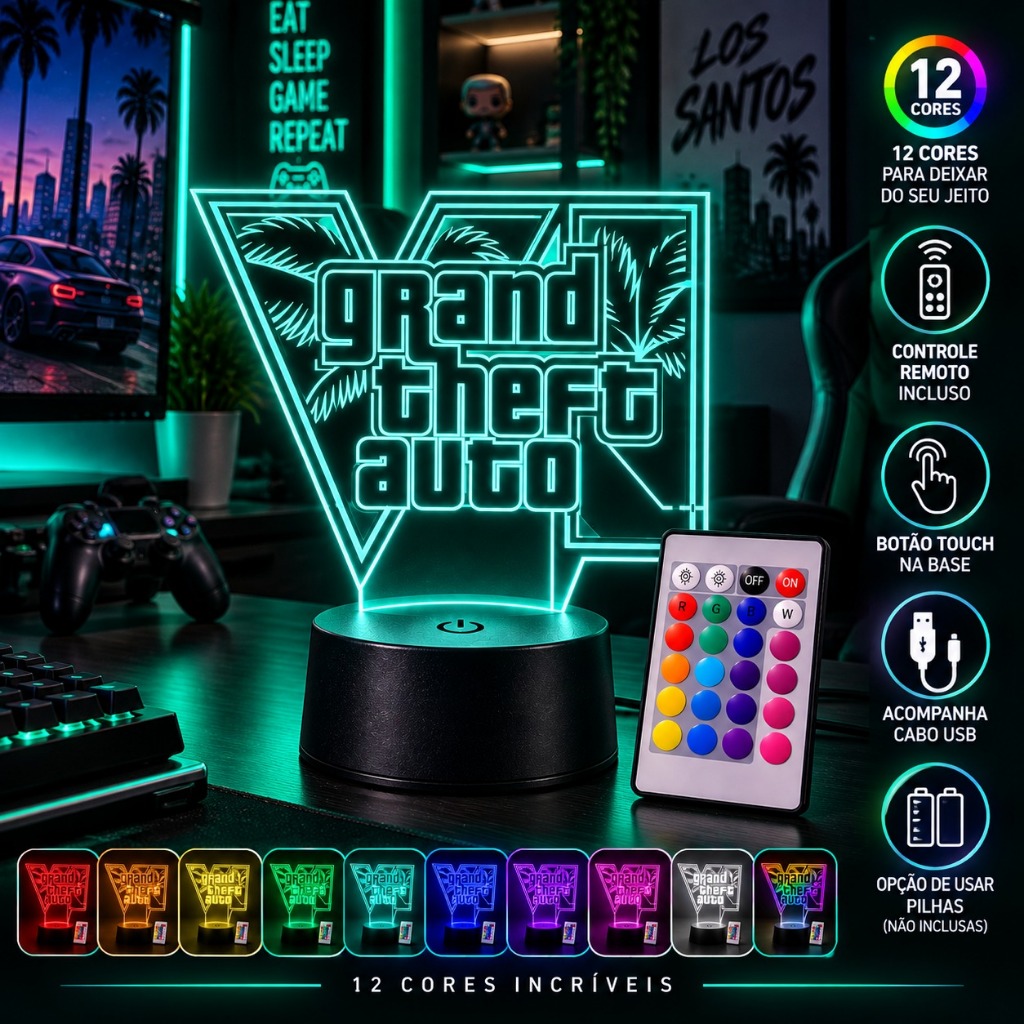 Luminária Decorativa GTA VI Gamer 3D RGB com Controle Remoto e Touch