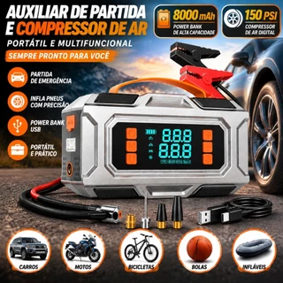 Auxiliar de Partida e Compressor Portátil 4 em 1 (8000 mAh, 150 PSI), Carregador de Bateria Automotiva e Lanterna LED