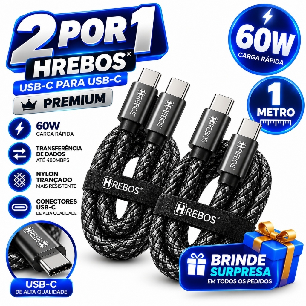 Kit 2 Cabos de Carregador HREBOS Premium USB-C para USB-C 60W 1 Metro ...