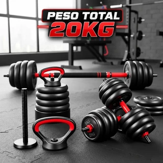 Kit Halteres Barra Anilhas 6 em 1 Musculação Kettlebell Ajustável Academia Até 20kg