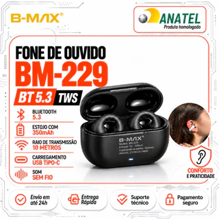 Fone de Ouvido Bluetooth Sem Fio TWS Wireless Bluetooth 5.3 Condução Óssea Esportivo Android iPhone Preto B-Max BM-229