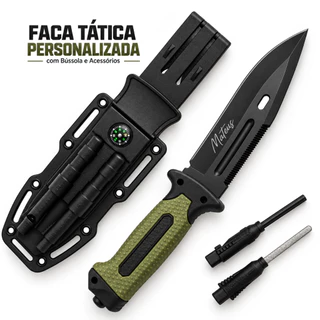 Faca Tática Sobrevivência Personalizada com Nome Bainha Bússola Pederneira Camping