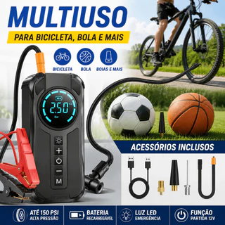 Compressor de Ar Portátil com Partida Auxiliar 12V, Bomba de Ar Digital 150PSI para Pneus de Veículos