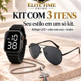 Kit Elite Time Prime com 3 Itens Relógio LED + Colar com Cruz + Óculos de Sol