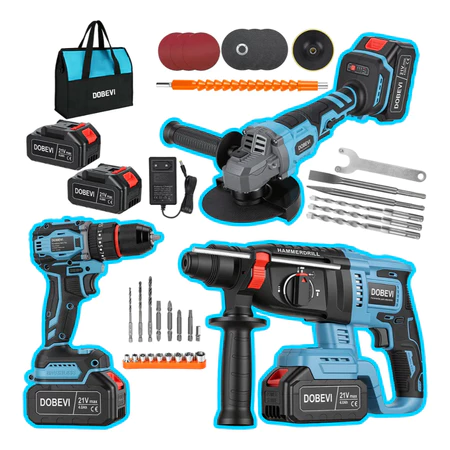 Kit 3 em 1 Ferramentas Elétricas Profissional com Bateria Dobevi – Furadeira Esmerilhadeira e Parafusadeira de Impacto