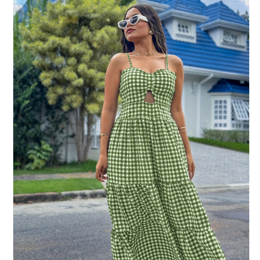 VESTIDO DE ALÇA MIDI XADREZ CREPINHO COM FORRO ELÁSTICO NAS COSTAS