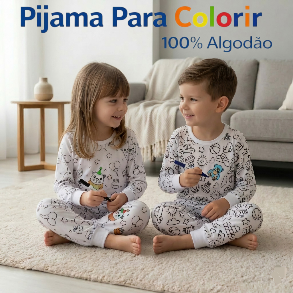 Pijama Infantil Manga Longa para Colorir Pintar 100% Algodão em Oferta na Shopee