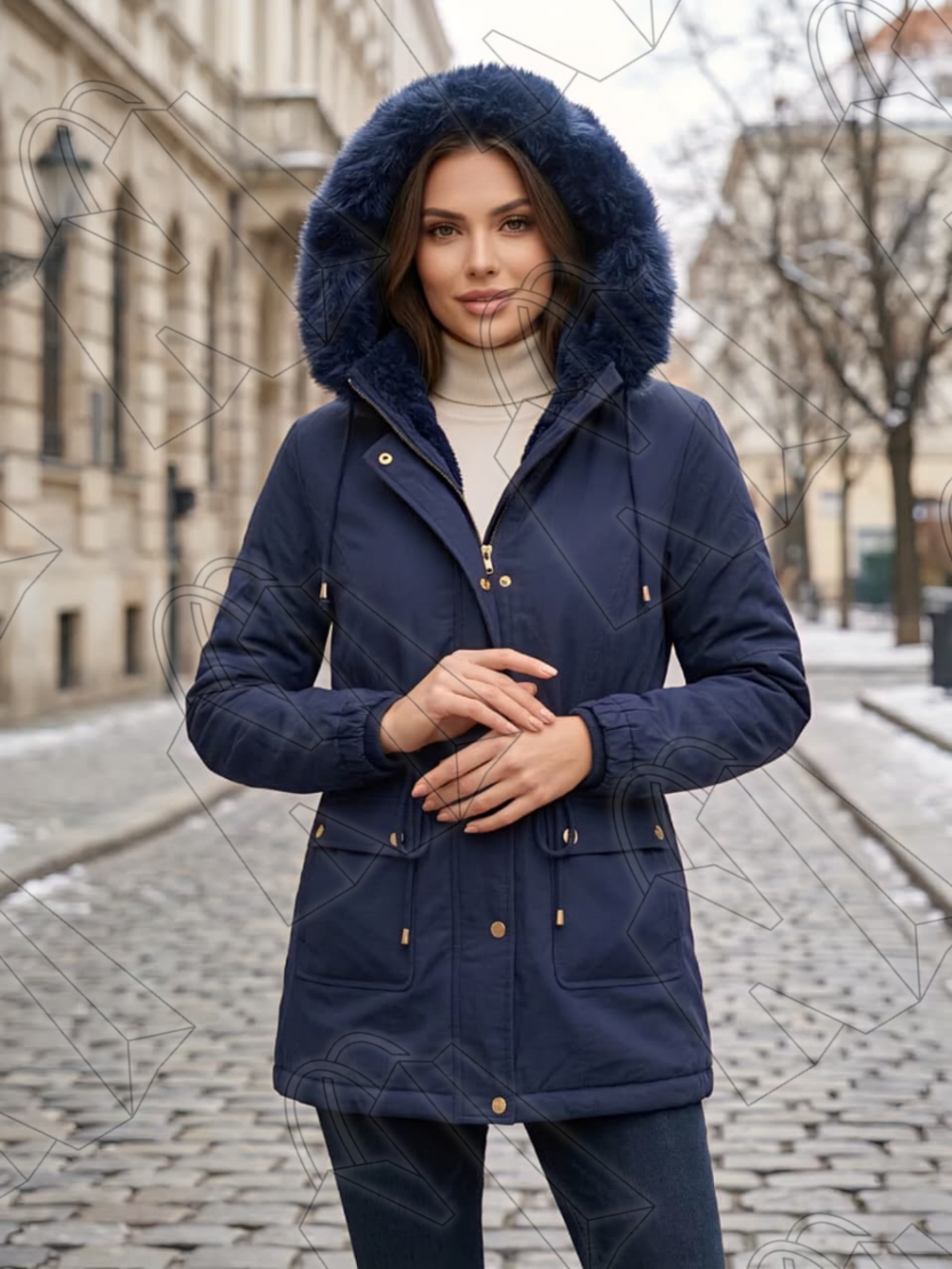 Jaqueta Parka Forrada Com Pelúcia Capuz Removível Bolso e Cordões