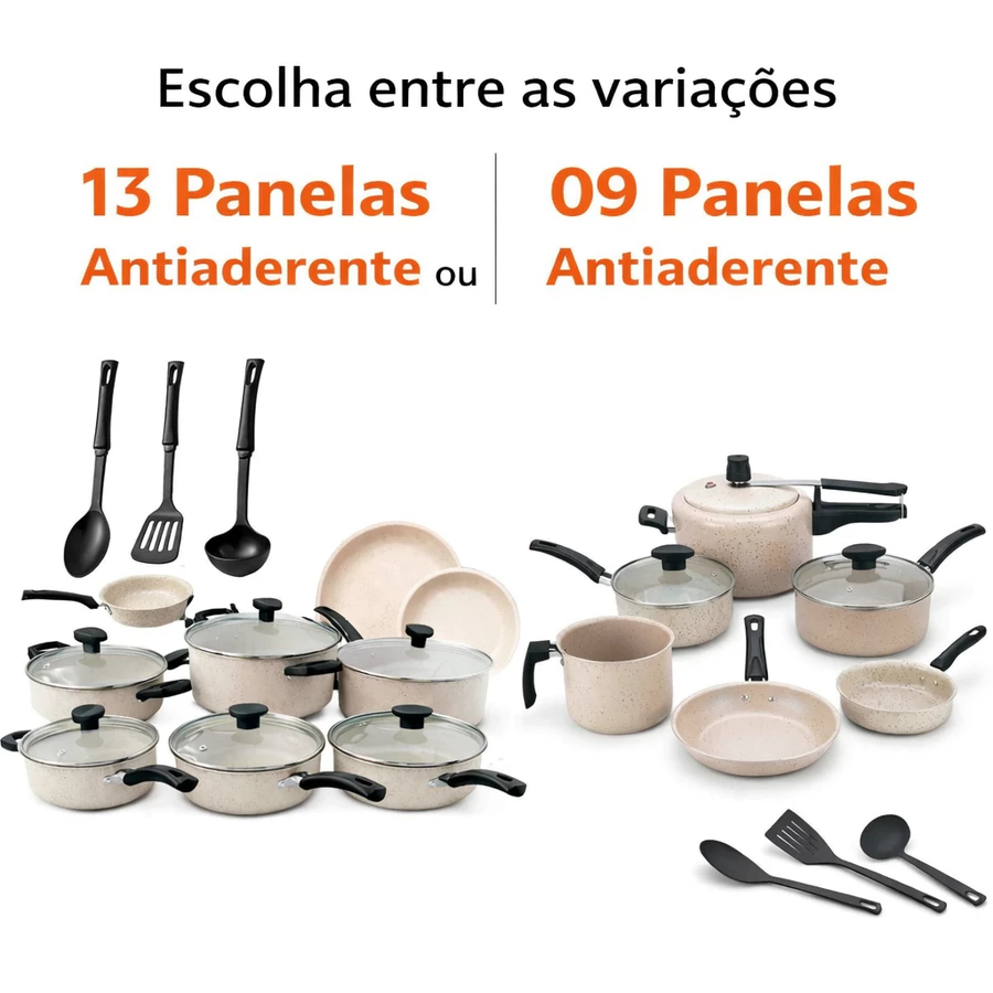 Jogo de Panelas 13 Peças + Panela de Pressão 2L Conjunto Teflon Antiaderente Frigideira Caçarola