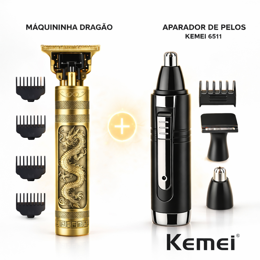 Kit Kemei 6511 + Máquina Dragão Cortar Cabelo Barba Barbeador Nariz Profissional Recarregável USB