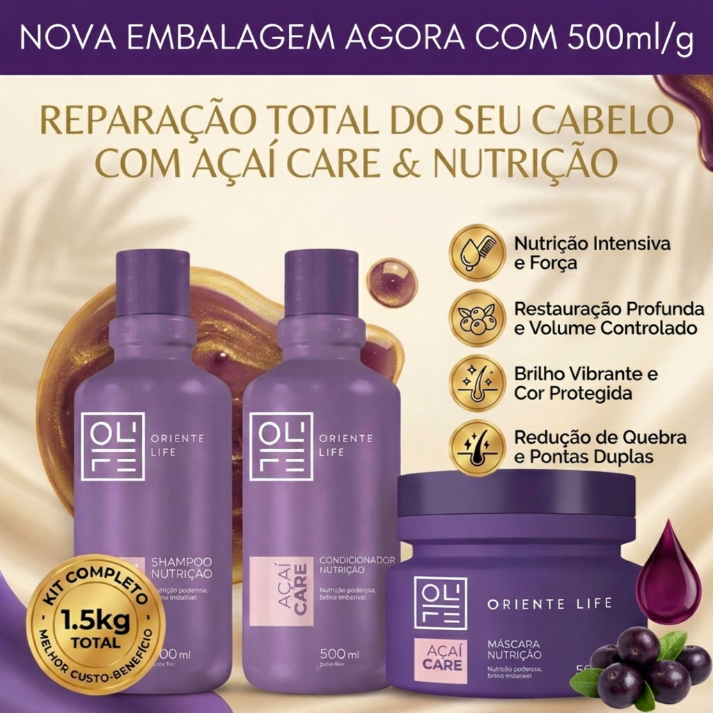 Kit Açaí Shampoo Condicionador e Máscara 500ml Oriente Life
