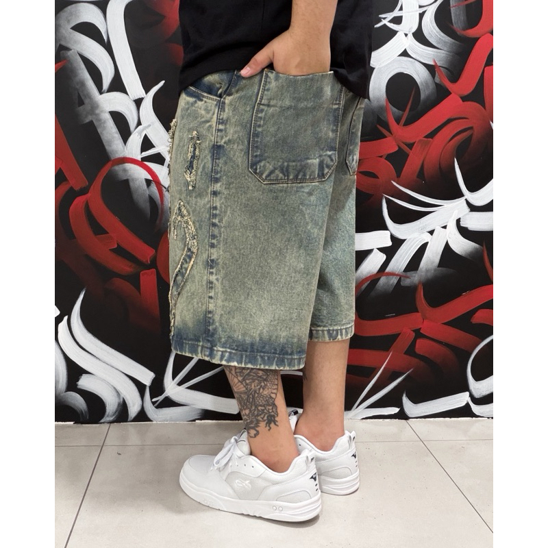 パンツ troubled waters WAXED & DAMAGED JORTS Bermuda Jorts Baggy “Patchwork Tribal” Wash Vintage | Shopee Brasil