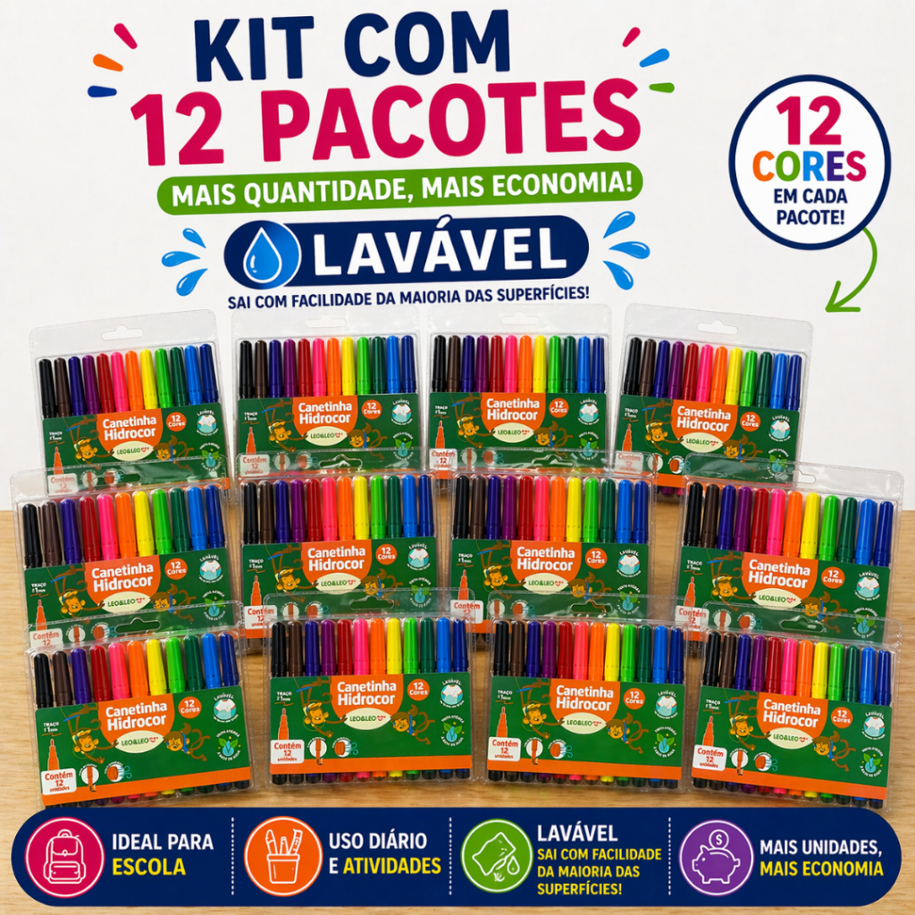 Kit 12 Pacotes Canetinha Hidrocor 12 Cores Lavável Atóxica Ponta